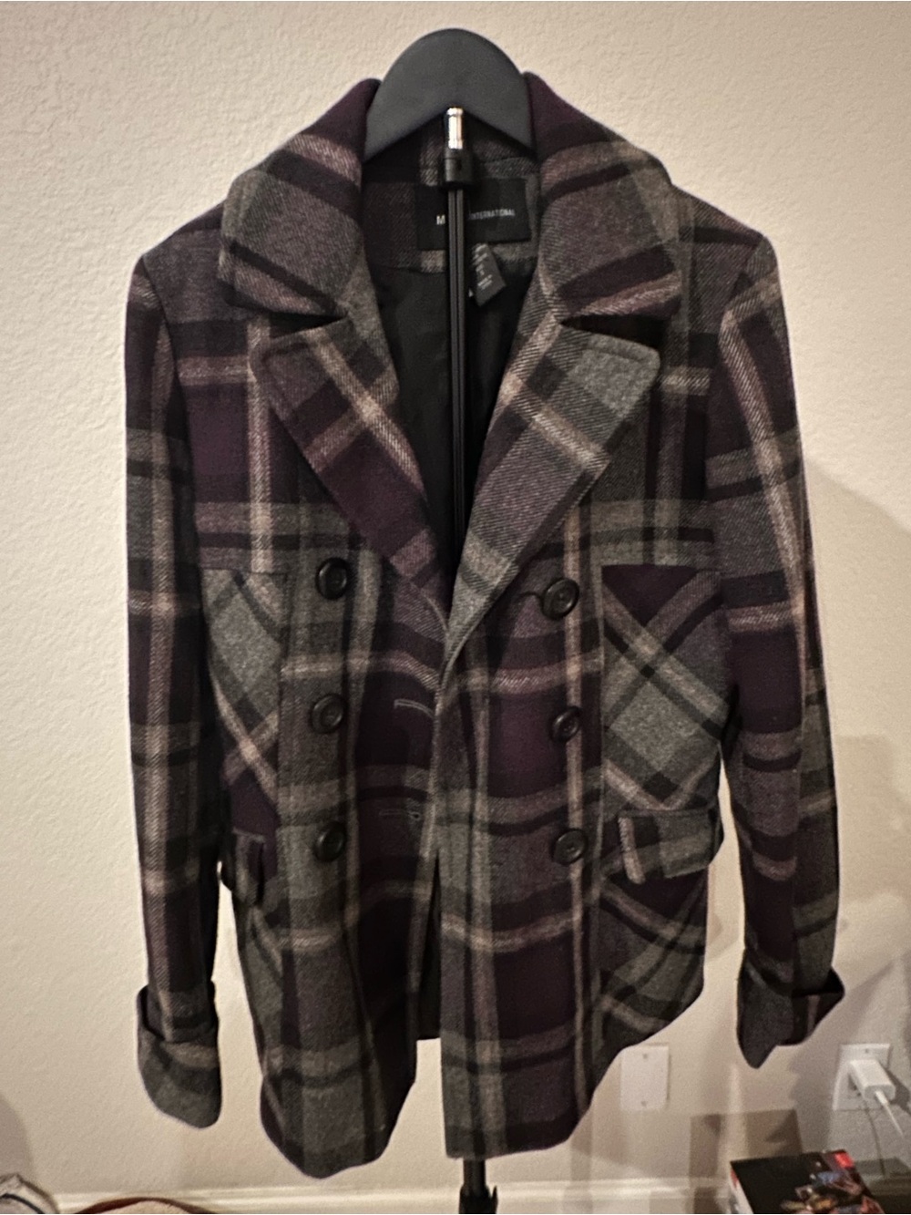 Vintage Moda International Plaid Coat- Gray & Purple size Small